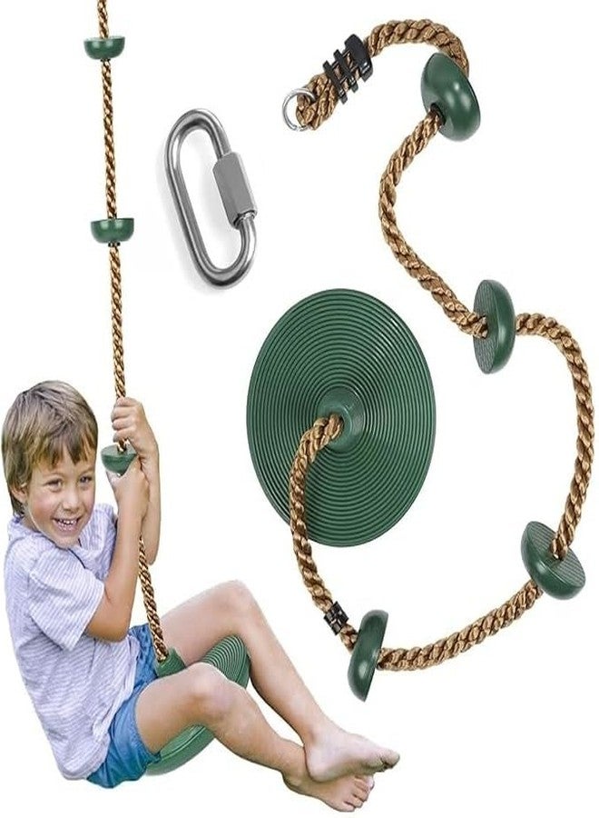 CHARMING TREASURES Metal Platforms Disc Tree Swing Seat And Climbing Knot Rope With Carabiner Hook For Kids Outdoor Playground Set (Green With Disc, 30 Cm, 200 Cm) - Image 1